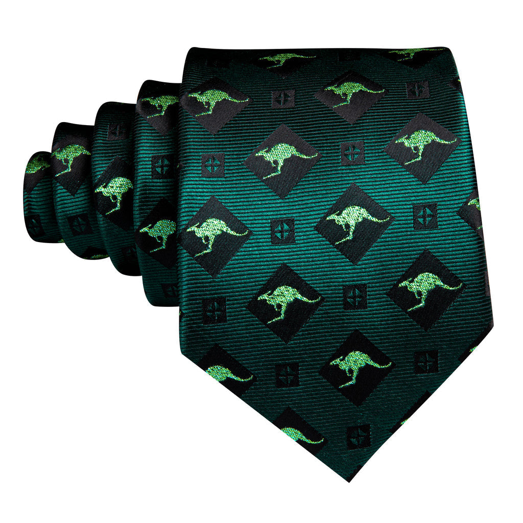 Green Black Kangaroo Floral Silk Tie, Pocket Square and Cufflinks Set tie sets - Sophisticated Gentlemen