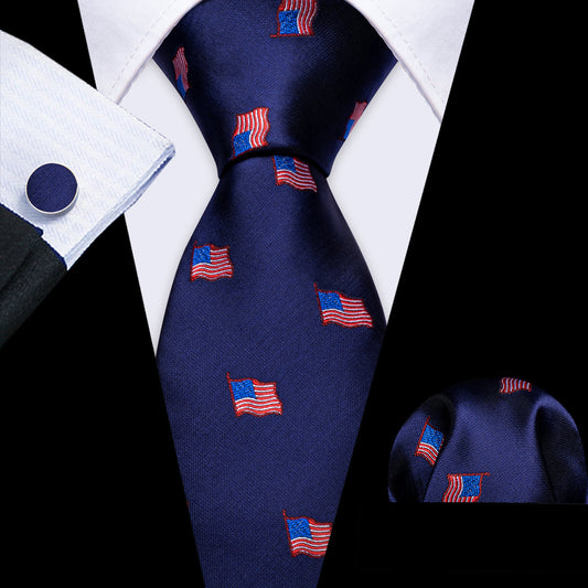 Blue Red American Flag Pattern Tie, Pocket Square and Cufflinks Set tie sets    - Sophisticated Gentlemen