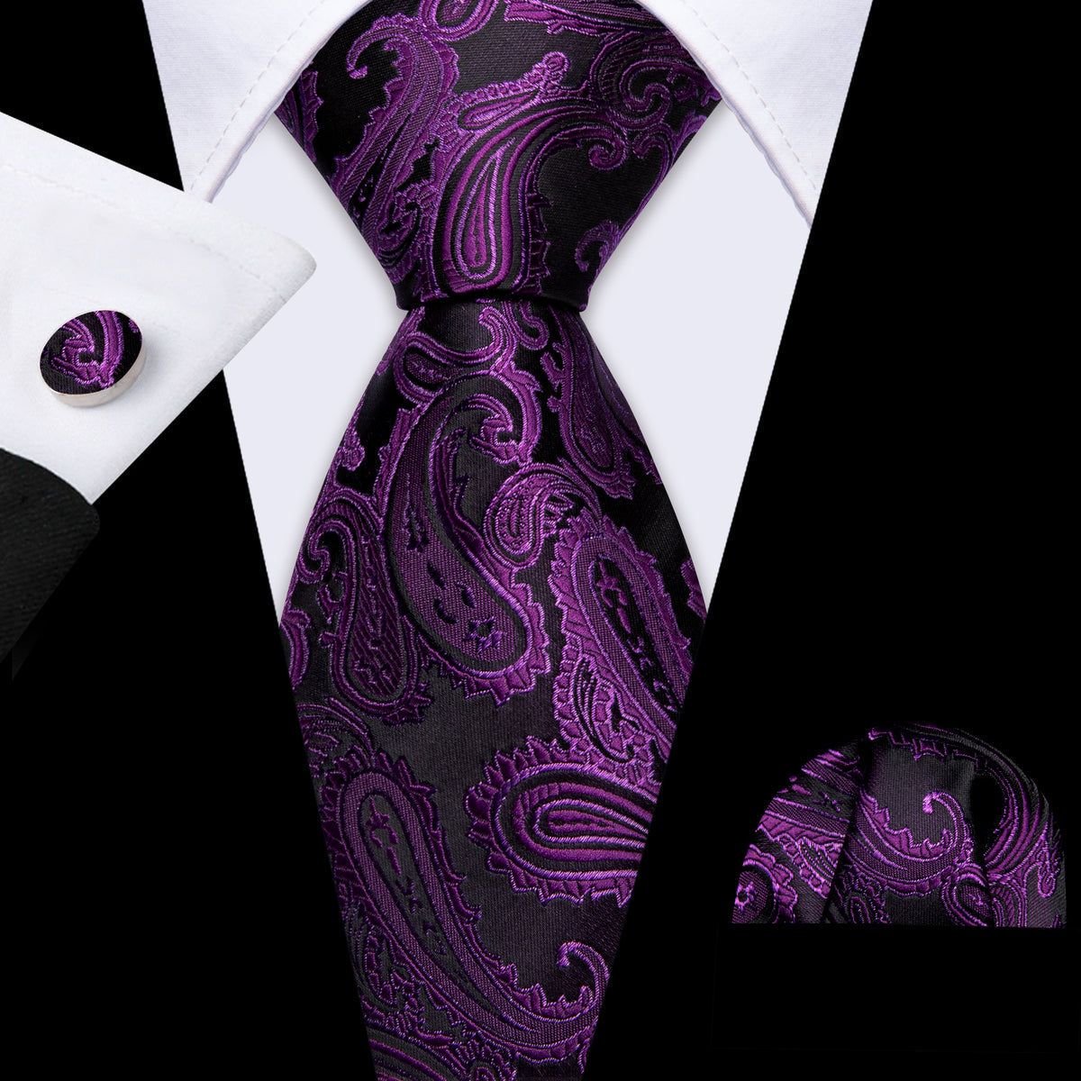 Violet Black Paisley Silk Tie, Pocket Square and Cufflinks Set tie sets - Sophisticated Gentlemen