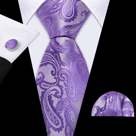 Lavender Purple Silver Paisley Tie, Pocket Square and Cufflinks Set tie sets    - Sophisticated Gentlemen