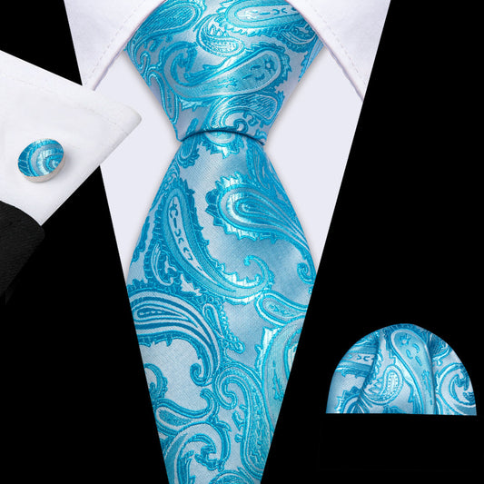 Pale Blue Silver Paisley Silk Tie, Pocket Square and Cufflinks Set tie sets    - Sophisticated Gentlemen