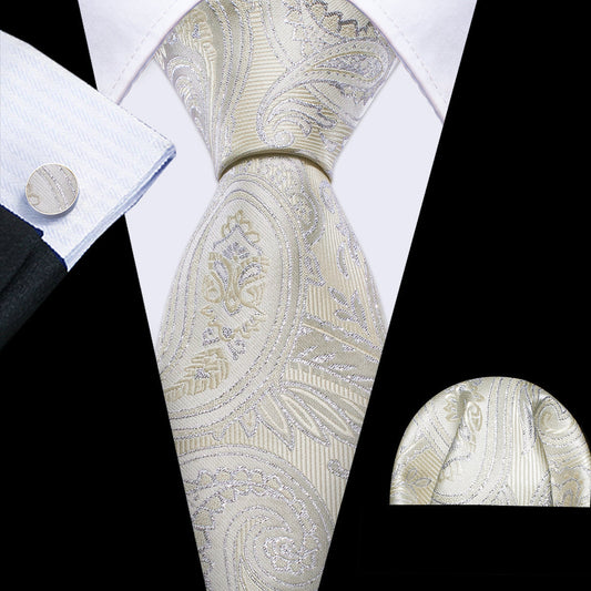 Light Yellow Silver Paisley Silk Tie, Pocket Square and Cufflinks Set tie sets    - Sophisticated Gentlemen