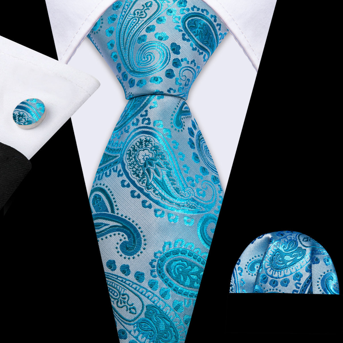 Sky Blue Beautiful Paisley Tie, Pocket Square and Cufflinks Set tie sets - Sophisticated Gentlemen
