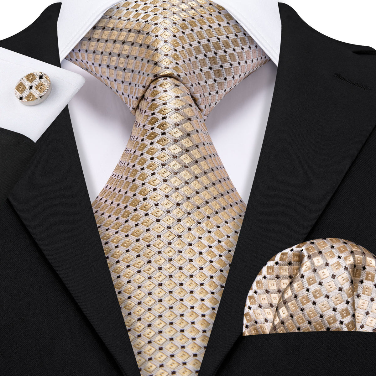 Brown Geometric Silk Tie, Pocket Square and Cufflinks tie sets Standard packaging - Sophisticated Gentlemen