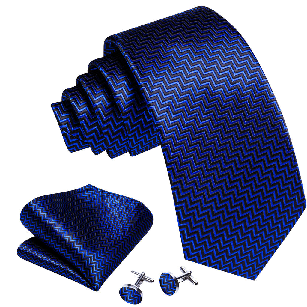 Cobalt Blue Black Ripple Silk Tie, Pocket Square and Cufflinks Set tie sets - Sophisticated Gentlemen