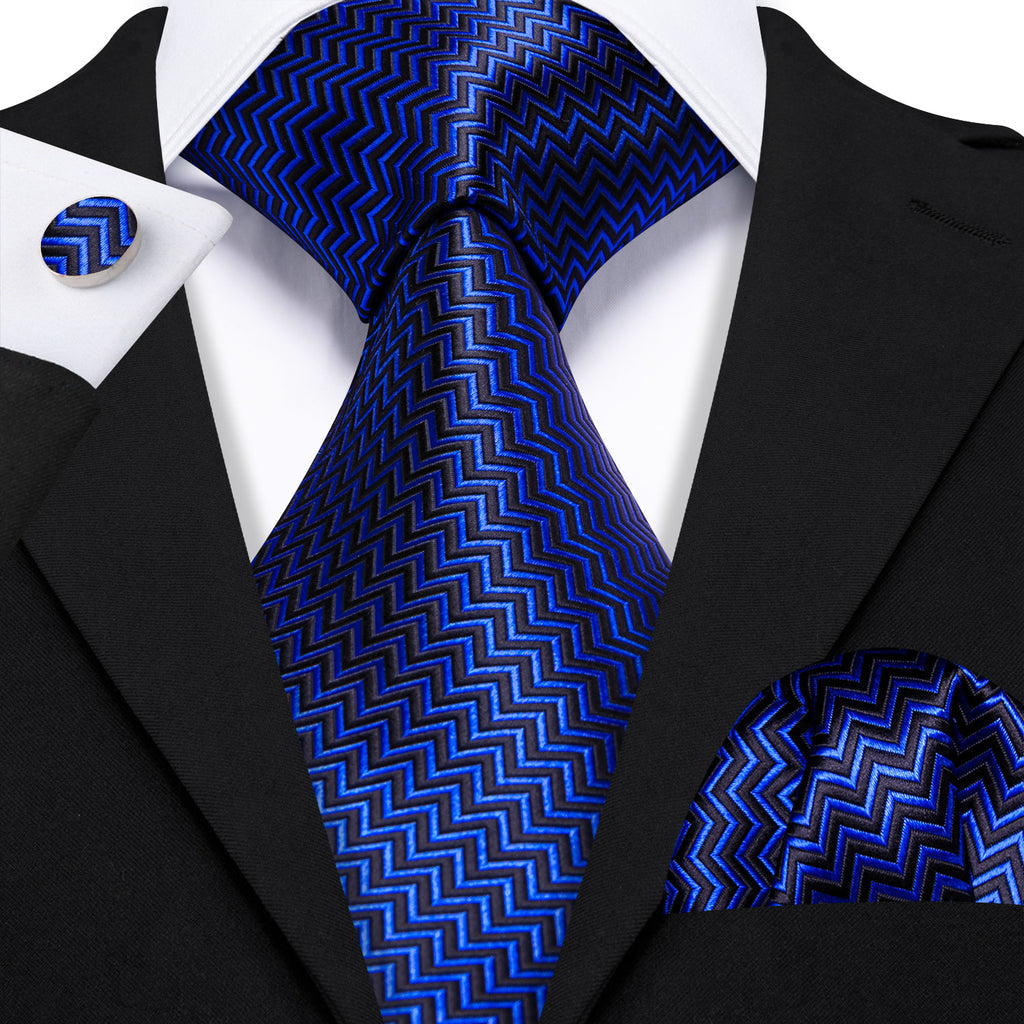 Cobalt Blue Black Ripple Silk Tie, Pocket Square and Cufflinks Set tie sets - Sophisticated Gentlemen