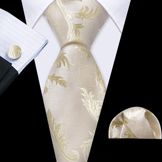 Ivory Champagne Floral Silk Tie, Pocket Square and Cufflinks Set tie sets    - Sophisticated Gentlemen