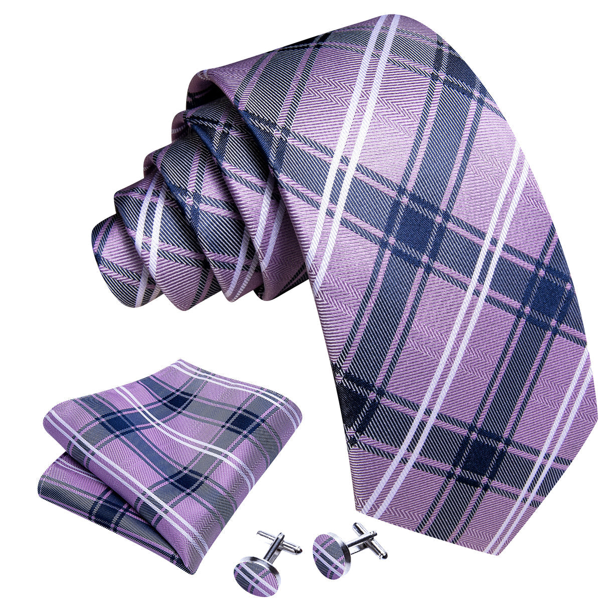 Purple Blue Checkered Plaid Tie, Pocket Square and Cufflinks Set tie sets    - Sophisticated Gentlemen