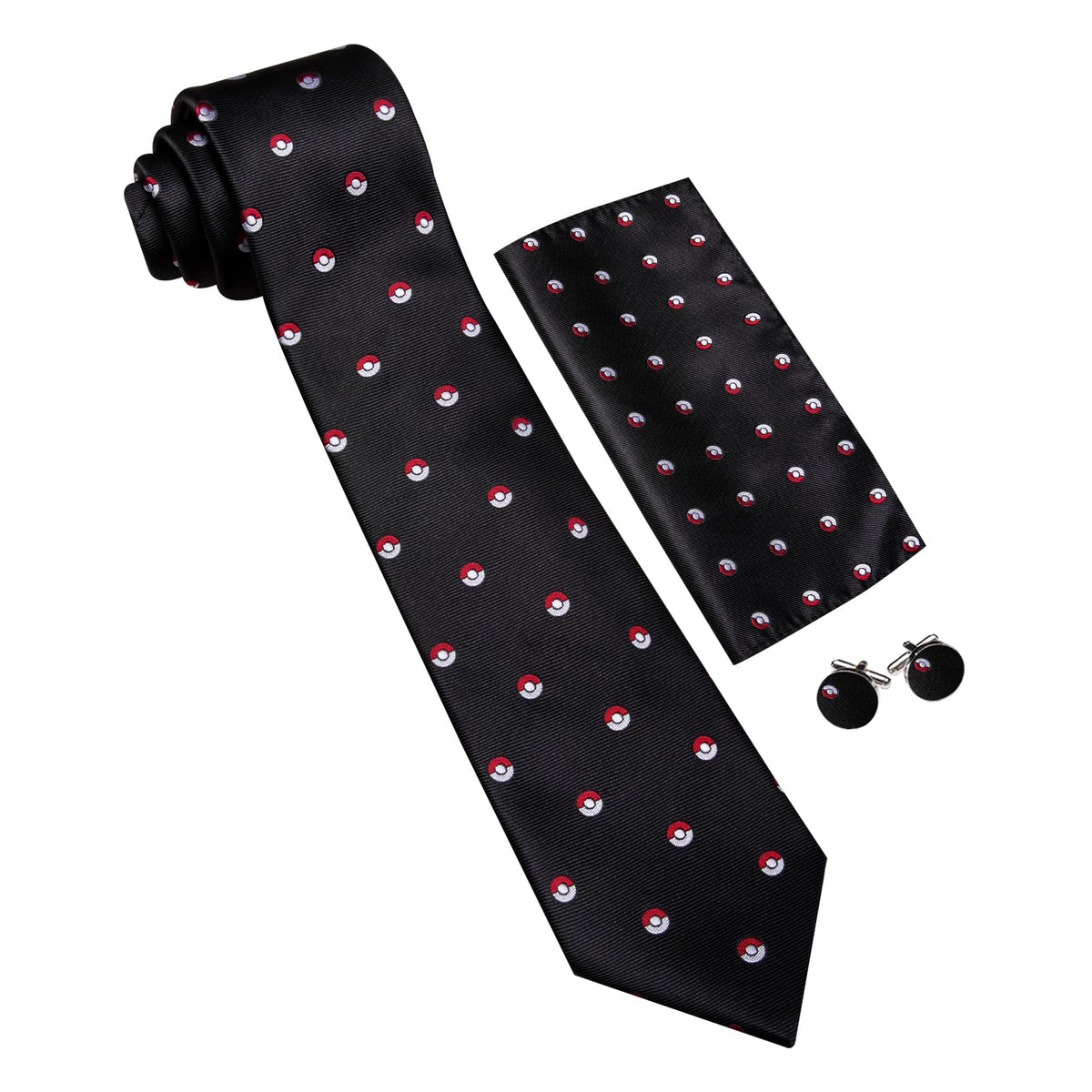 Black Pokemon Pattern Novelty Tie, Pocket Square and Cufflinks Set tie sets    - Sophisticated Gentlemen