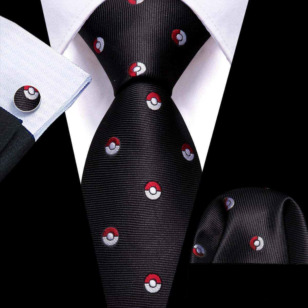 Black Pokemon Pattern Novelty Tie, Pocket Square and Cufflinks Set tie sets - Sophisticated Gentlemen
