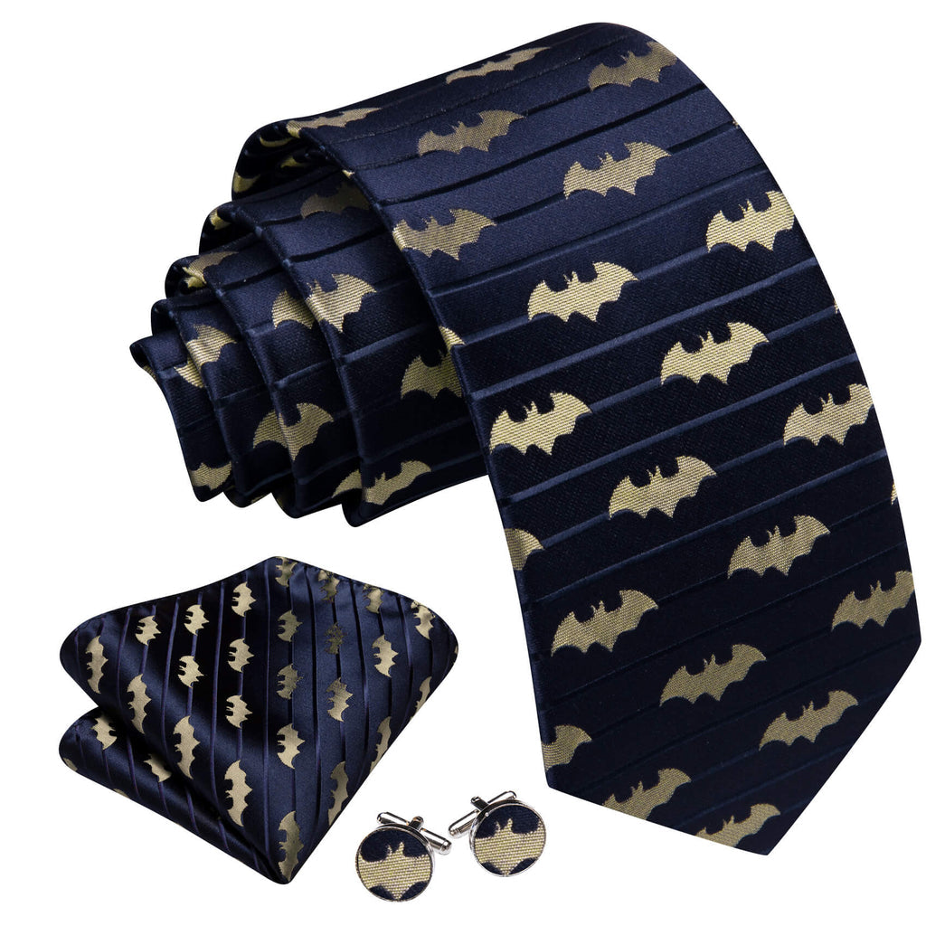 Navy Blue Yellow Jacquard Woven Bat Silk Tie, Pocket Square and Cufflinks Set tie sets - Sophisticated Gentlemen