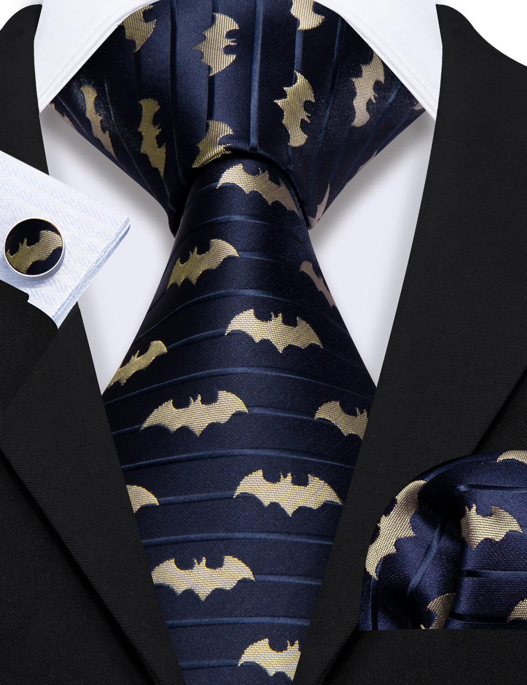 Navy Blue Yellow Jacquard Woven Bat Silk Tie, Pocket Square and Cufflinks Set tie sets - Sophisticated Gentlemen