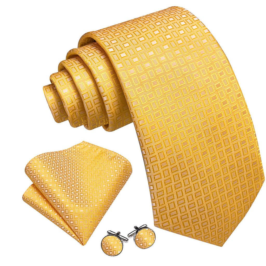 Gold Yellow Plaid Tie, Pocket Square and Cufflinks Set tie sets - Sophisticated Gentlemen