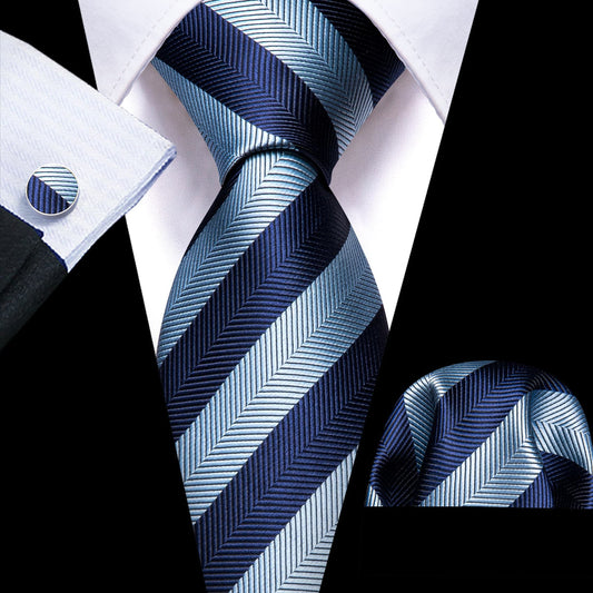 Blue Striped Jacquard Pattern Tie, Pocket Square and Cufflinks Set tie sets    - Sophisticated Gentlemen