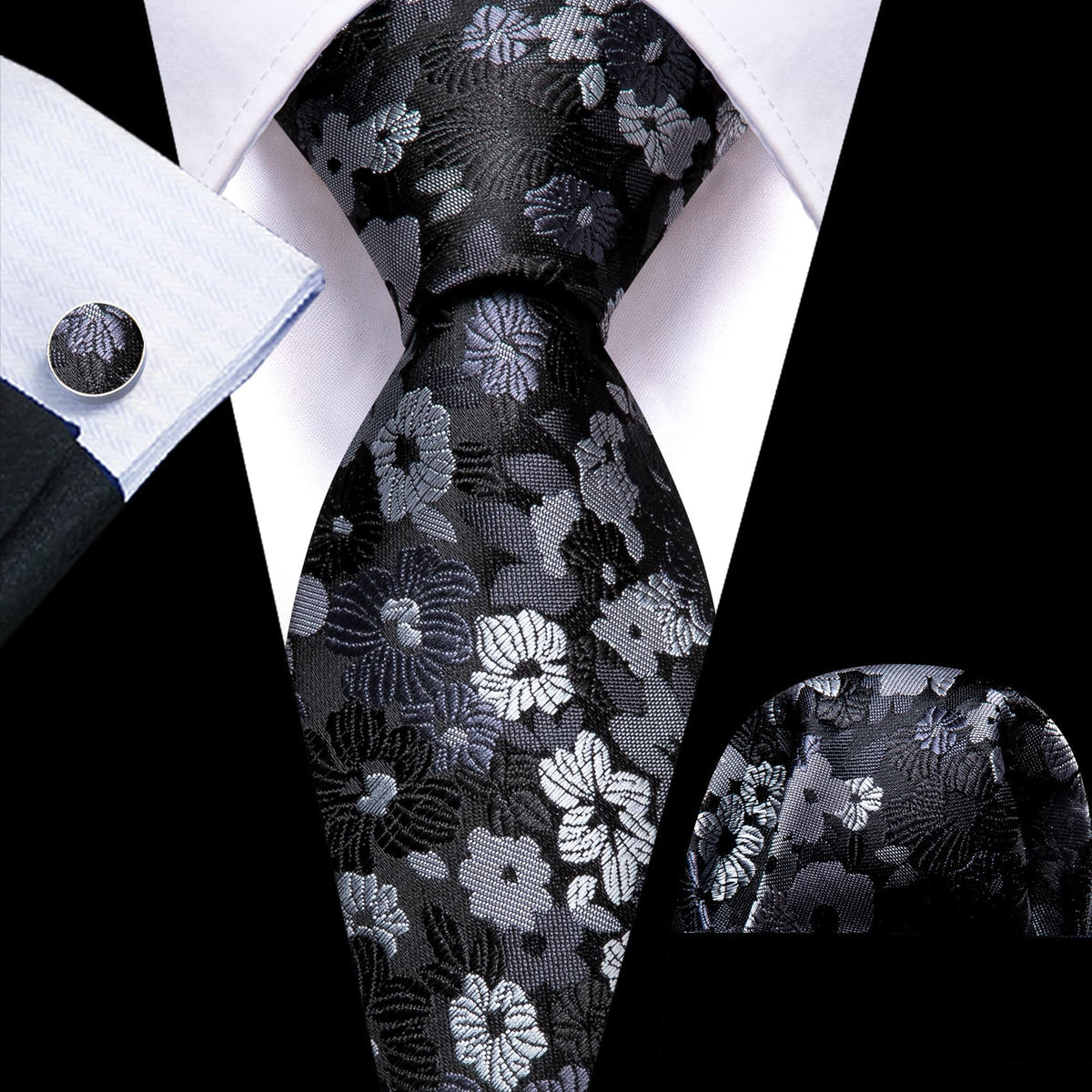 Black Gray Jacquard Floral Pattern Tie, Pocket Square and Cufflinks Set tie sets - Sophisticated Gentlemen