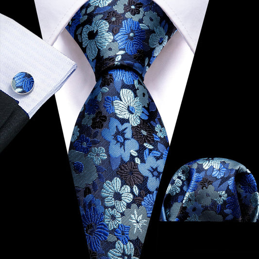 Blue Silver Jacquard Floral Pattern Tie, Pocket Square and Cufflinks Set tie sets    - Sophisticated Gentlemen