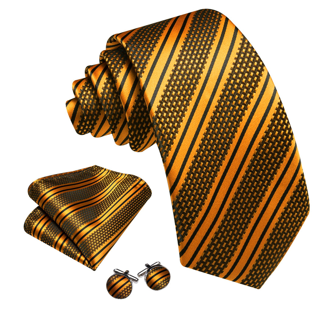 Gold Black Striped Tie, Pocket Square and Cufflinks Set tie sets - Sophisticated Gentlemen