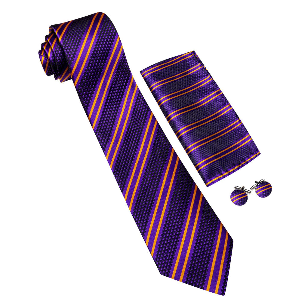 Purple Yellow Striped Tie, Pocket Square and Cufflinks Set tie sets - Sophisticated Gentlemen