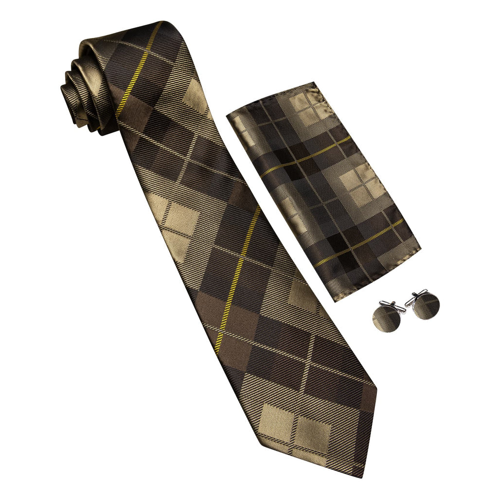 Dark Brown Plaid Checkered Tie, Pocket Square and Cufflinks Set tie sets - Sophisticated Gentlemen