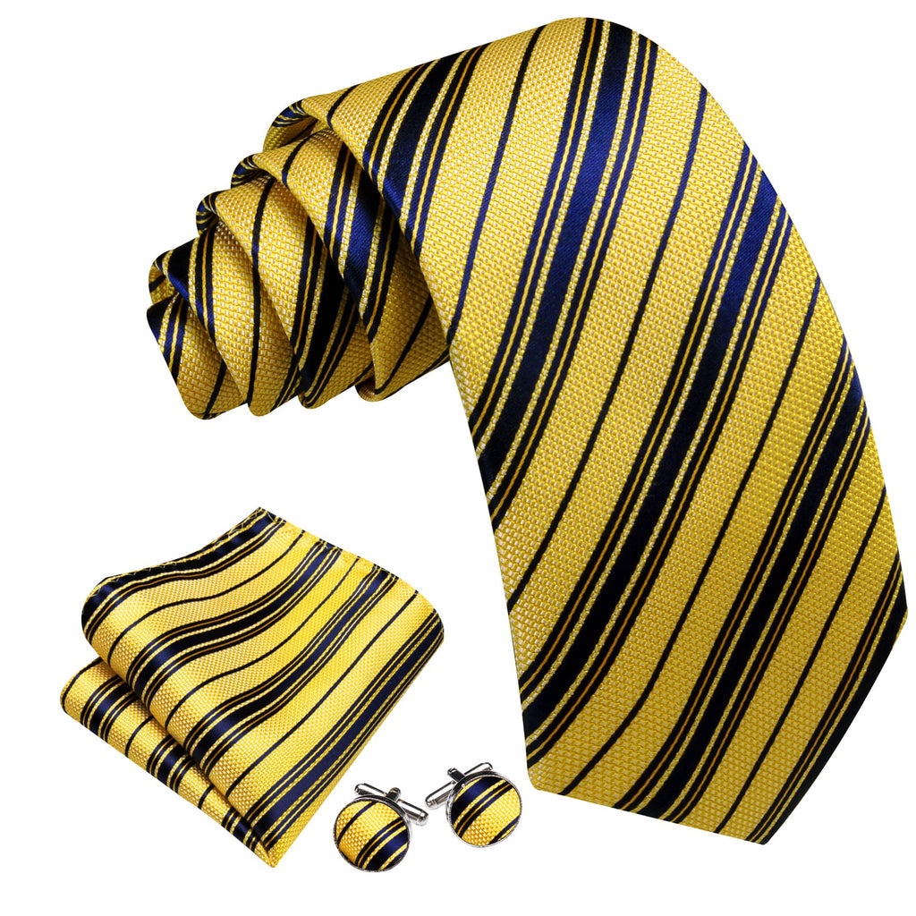 Yellow Navy Blue Striped Tie, Pocket Square and Cufflinks Set tie sets - Sophisticated Gentlemen