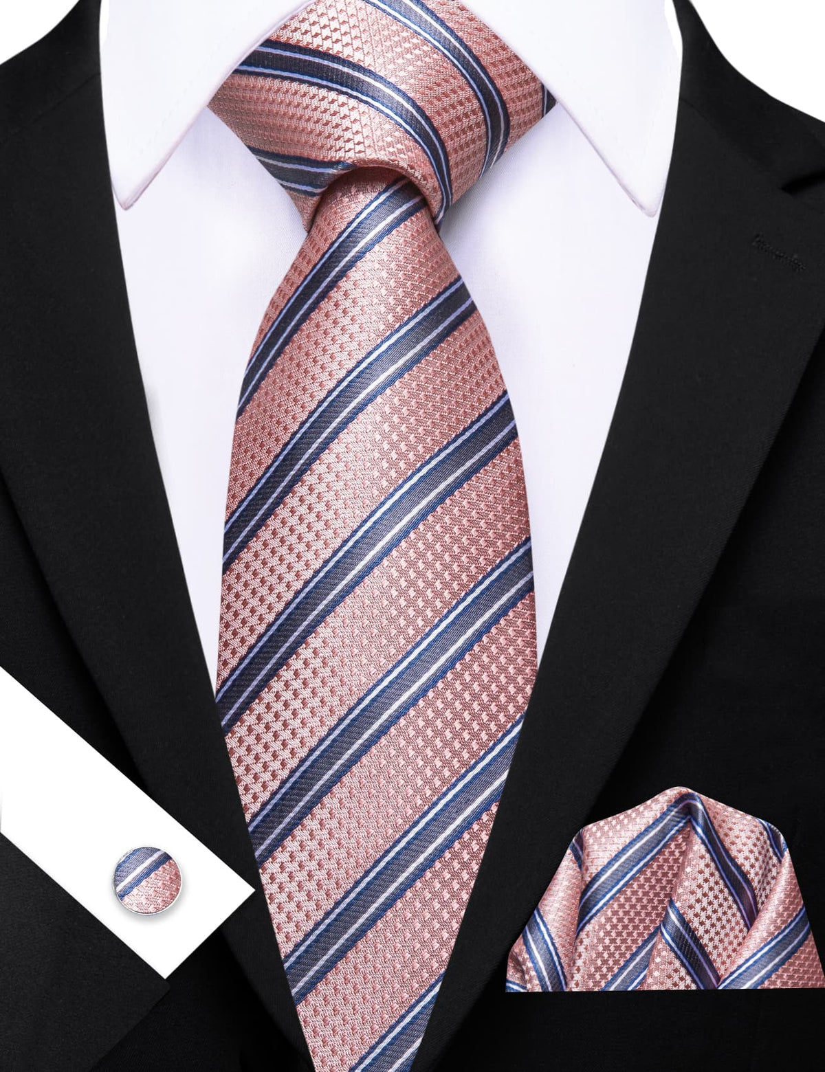 Pink Light Gray Stripes Tie, Pocket Square and Cufflinks Set tie sets - Sophisticated Gentlemen