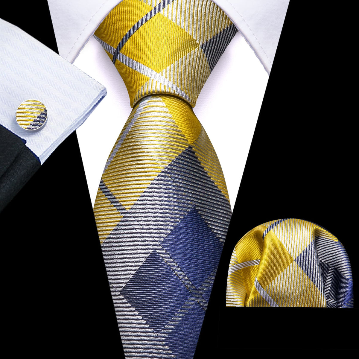 Yellow Blue Gray Checkered Plaid Tie, Pocket Square and Cufflinks Set tie sets - Sophisticated Gentlemen