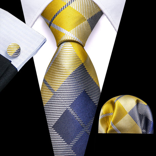 Yellow Blue Gray Checkered Plaid Tie, Pocket Square and Cufflinks Set tie sets    - Sophisticated Gentlemen