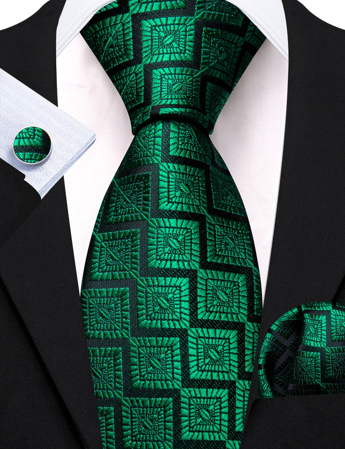 Emerald Green Jacquard Geometric Tie, Pocket Square and Cufflinks Set tie sets - Sophisticated Gentlemen