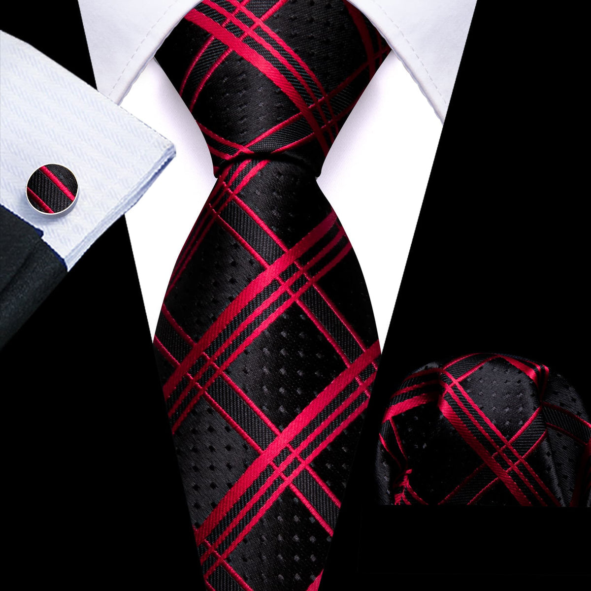 Crimson Red and Black Pinstripe Jacquard Tie, Pocket Square, and Cufflinks Set tie sets - Sophisticated Gentlemen