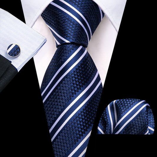 Blue White Stripes Tie, Pocket Square and Cufflinks Set tie sets    - Sophisticated Gentlemen