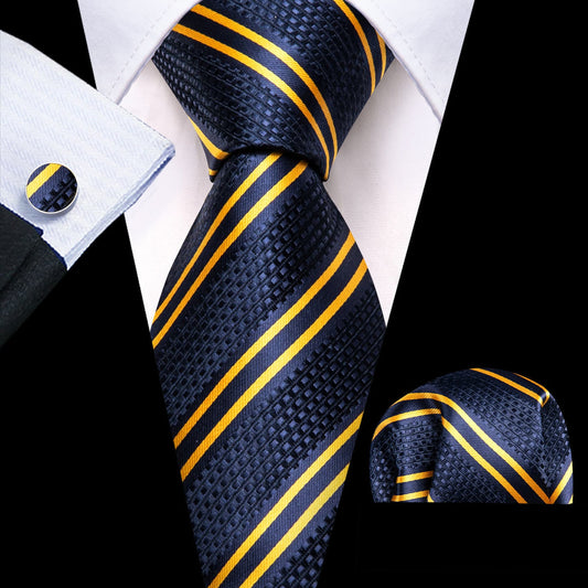 Blue Yellow Striped Tie, Pocket Square and Cufflinks Set tie sets    - Sophisticated Gentlemen