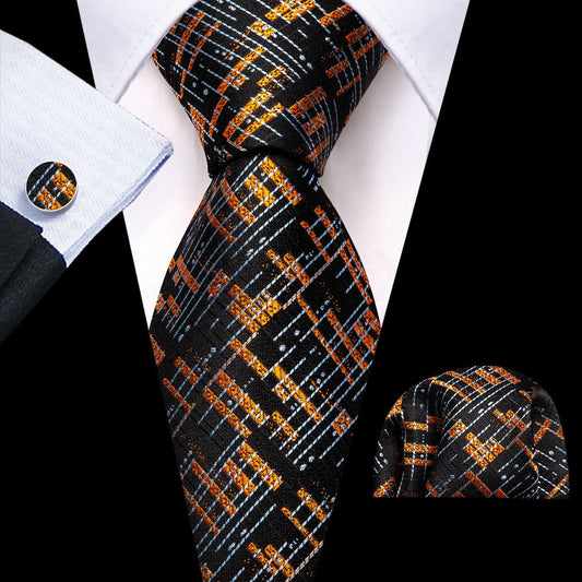 Black Gray Golden Geometric Tie, Pocket Square and Cufflinks Set tie sets    - Sophisticated Gentlemen