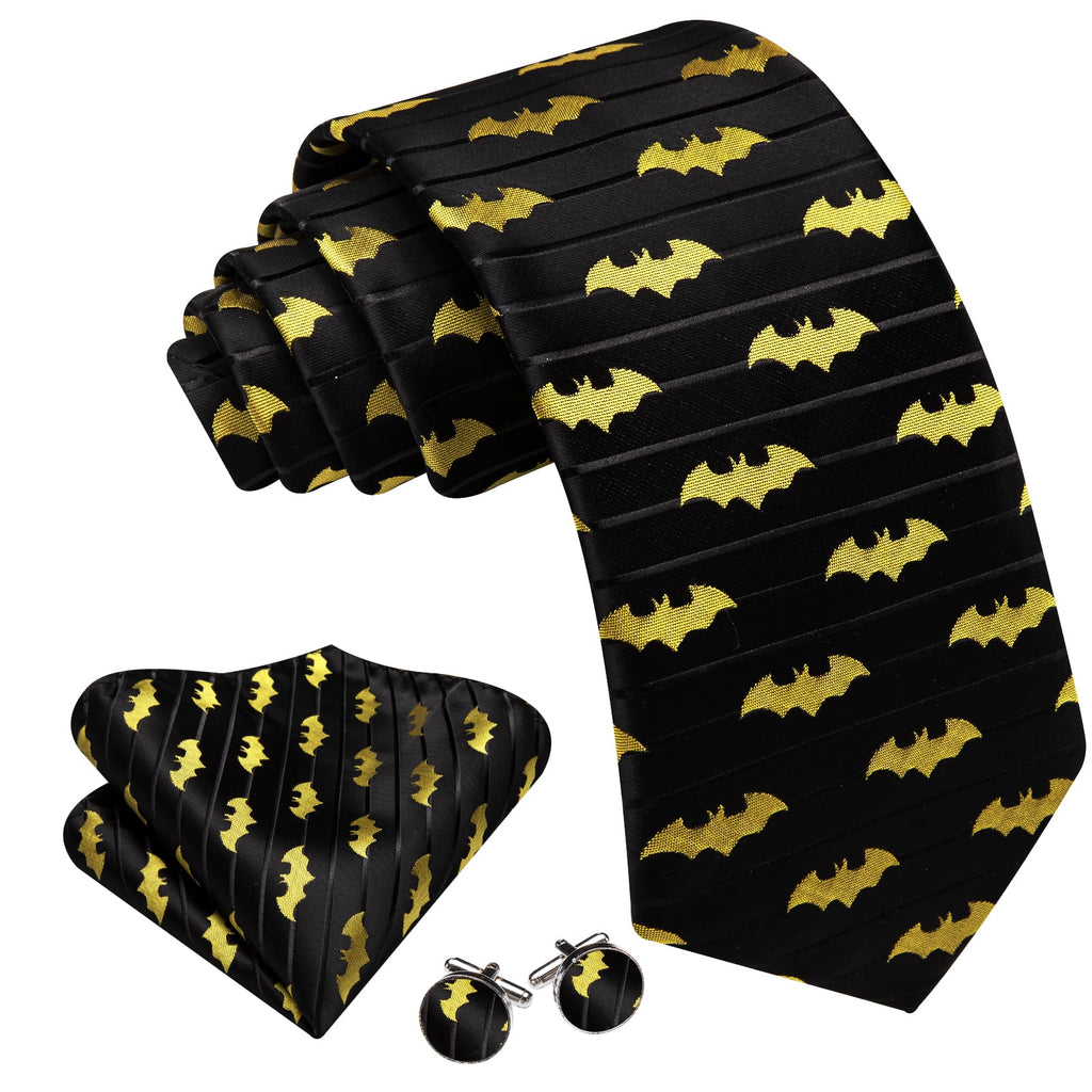 Yellow Black Bat Novelty Jacquard Tie, Pocket Square and Cufflinks Set tie sets - Sophisticated Gentlemen