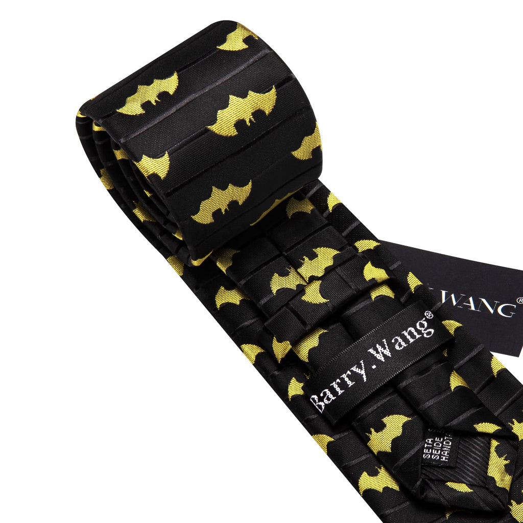 Yellow Black Bat Novelty Jacquard Tie, Pocket Square and Cufflinks Set tie sets - Sophisticated Gentlemen