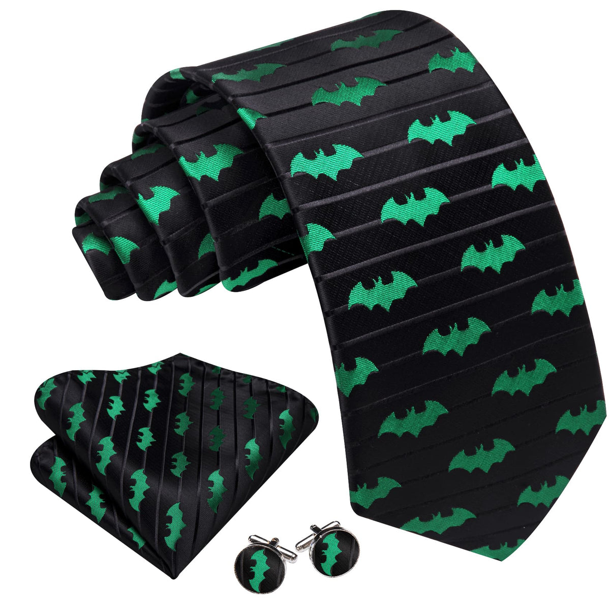 Green Jacquard Bat Black Novelty Tie, Pocket Square and Cufflinks Set tie sets - Sophisticated Gentlemen