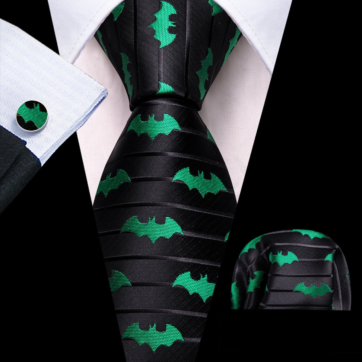 Green Jacquard Bat Black Novelty Tie, Pocket Square and Cufflinks Set tie sets - Sophisticated Gentlemen