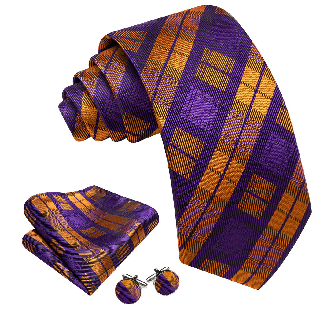Purple Orange Plaid Novelty Tie, Pocket Square and Cufflinks Set tie sets - Sophisticated Gentlemen