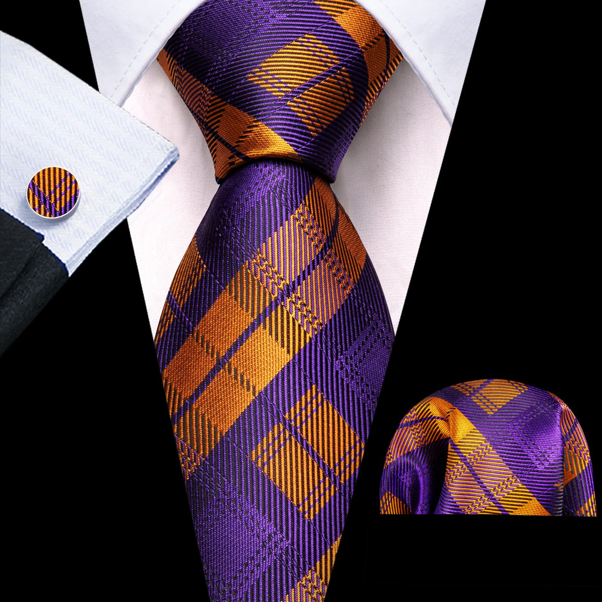 Purple Orange Plaid Novelty Tie, Pocket Square and Cufflinks Set tie sets - Sophisticated Gentlemen
