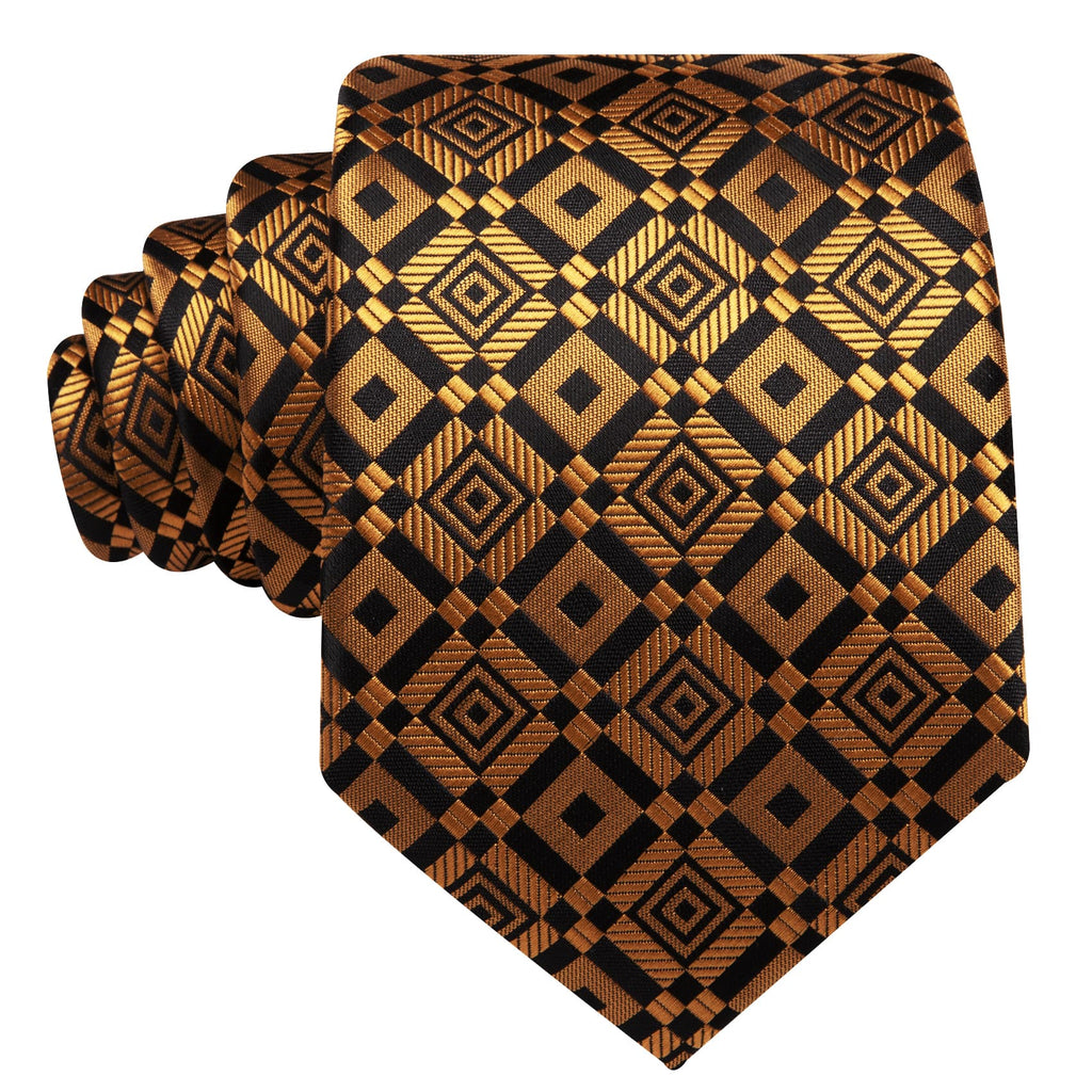 Golden Black Square Pattern Tie, Pocket Square and Cufflinks Set tie sets - Sophisticated Gentlemen