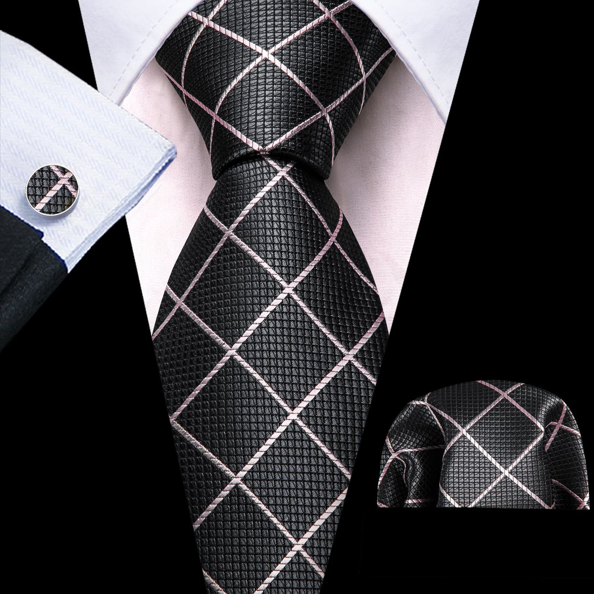 Gray and White Checkered Tie, Pocket Square, and Cufflinks Set tie sets - Sophisticated Gentlemen