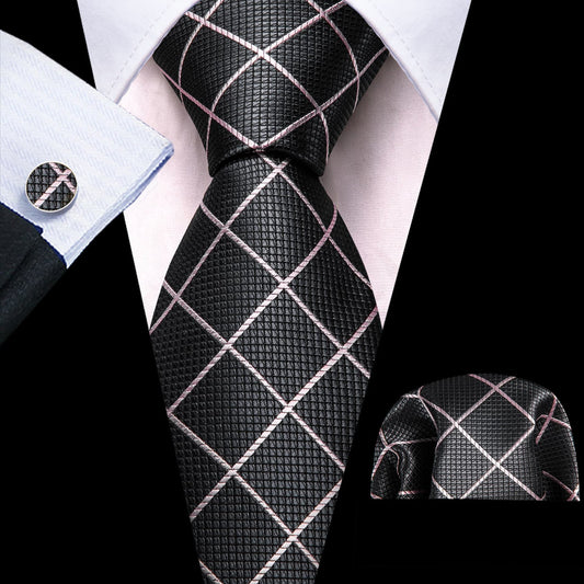 Gray and White Checkered Tie, Pocket Square, and Cufflinks Set tie sets    - Sophisticated Gentlemen