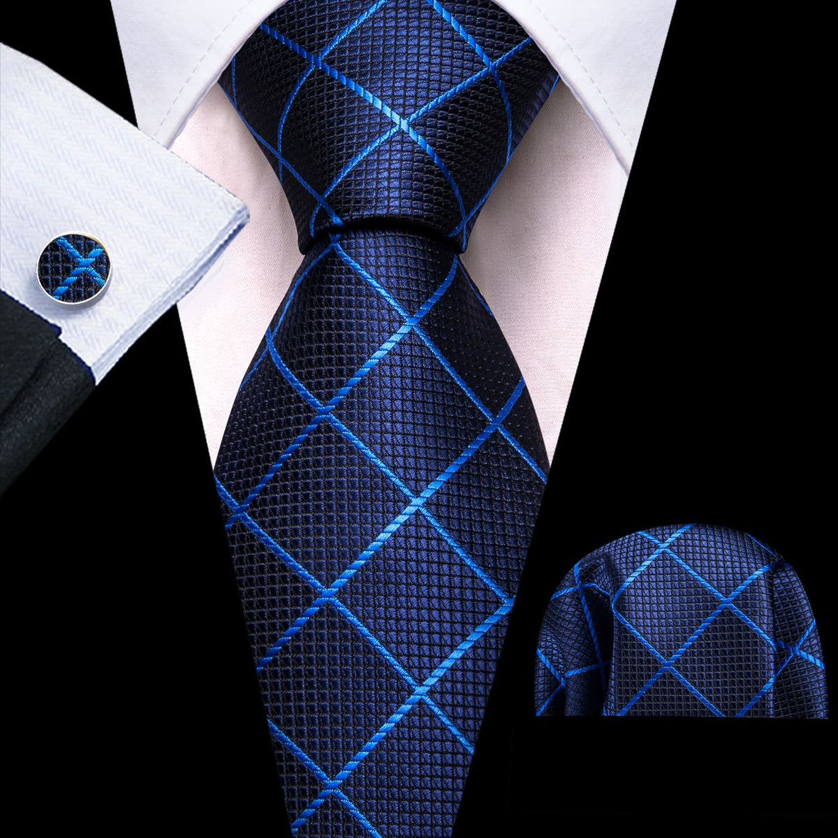 Navy Blue Checkered Tie, Pocket Square, and Cufflinks Set tie sets - Sophisticated Gentlemen