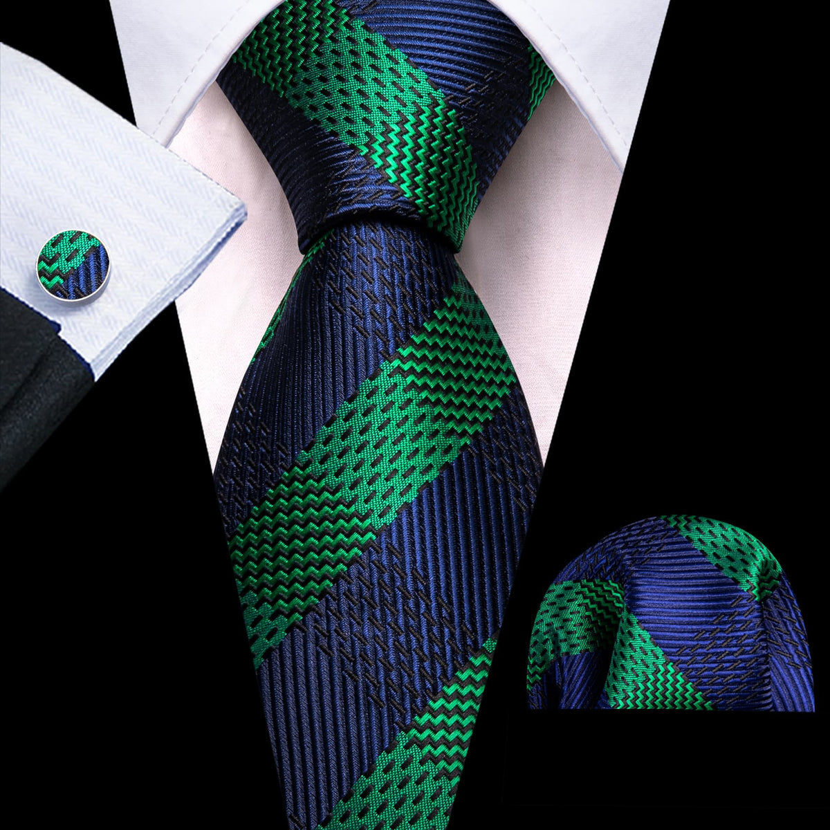 Blue Green Striped Tie, Pocket Square and Cufflinks Set tie sets - Sophisticated Gentlemen