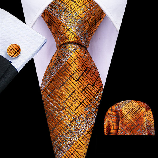 Orange Black Silver Tie, Pocket Square and Cufflinks Set tie sets    - Sophisticated Gentlemen