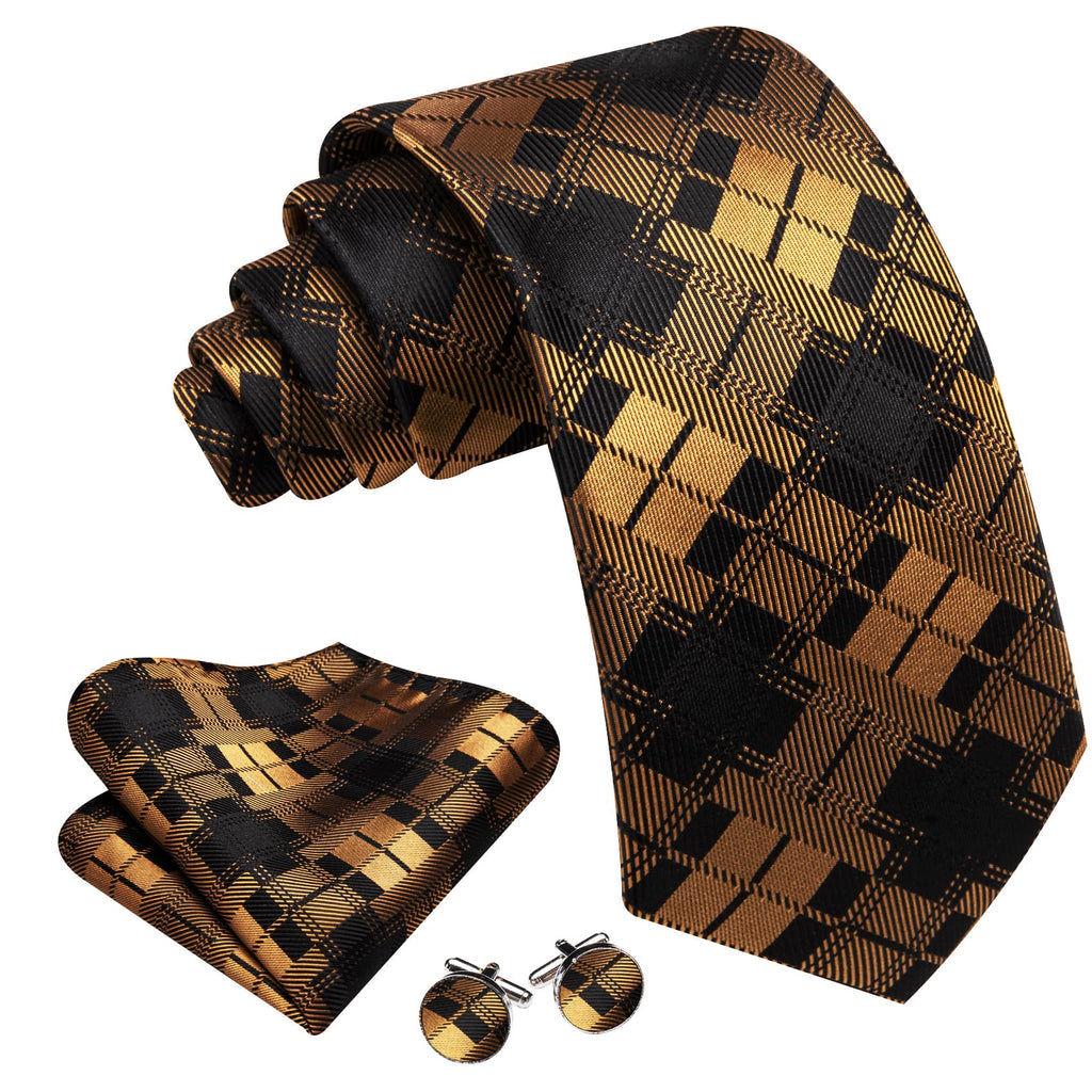 Black Yellow Checkered Tie, Pocket Square and Cufflinks Set tie sets - Sophisticated Gentlemen