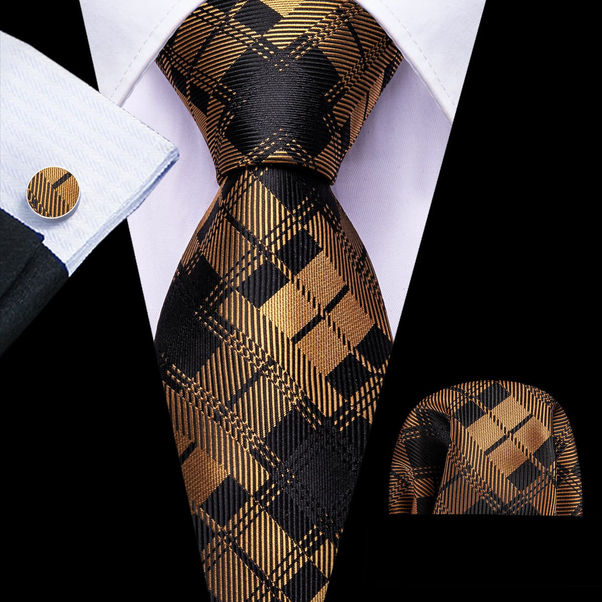 Black Yellow Checkered Tie, Pocket Square and Cufflinks Set tie sets - Sophisticated Gentlemen