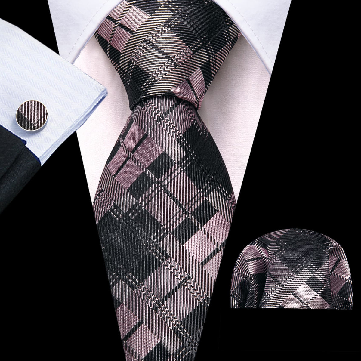 Black Gray Pink Checkered Tie, Pocket Square and Cufflinks Set tie sets - Sophisticated Gentlemen