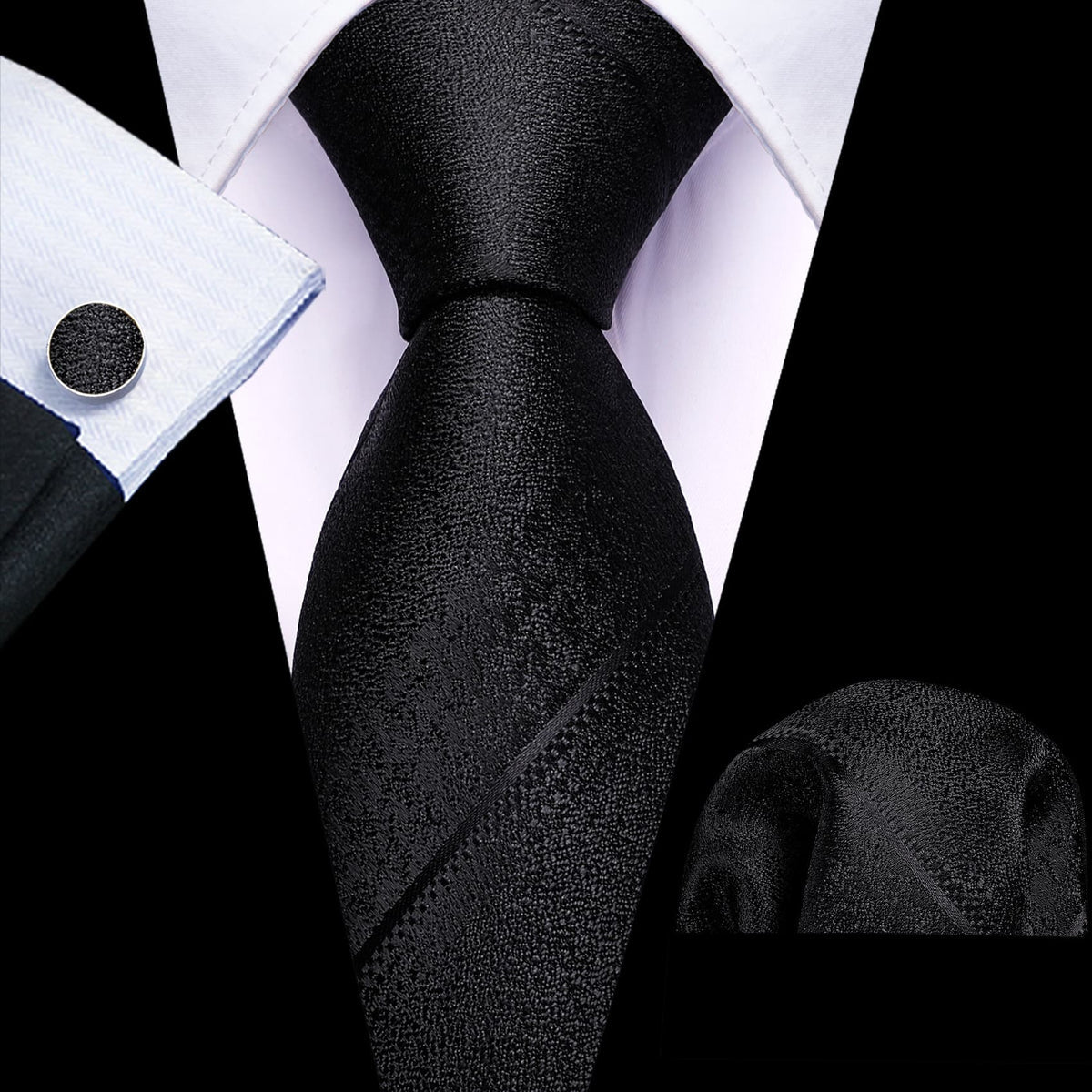 Black Striped Jacquard Tie, Pocket Square and Cufflinks Set tie sets - Sophisticated Gentlemen