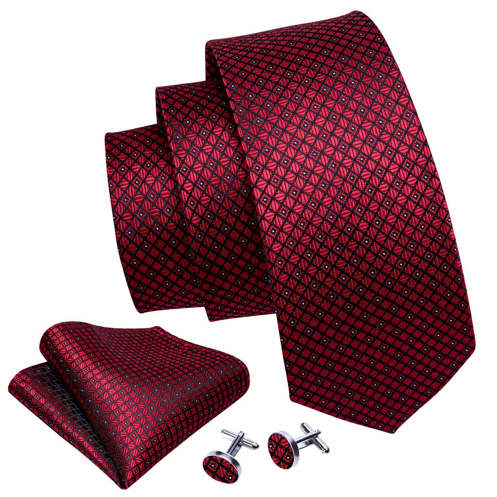 Black Red Plaid Tie, Pocket Square and Cufflinks Set tie sets - Sophisticated Gentlemen