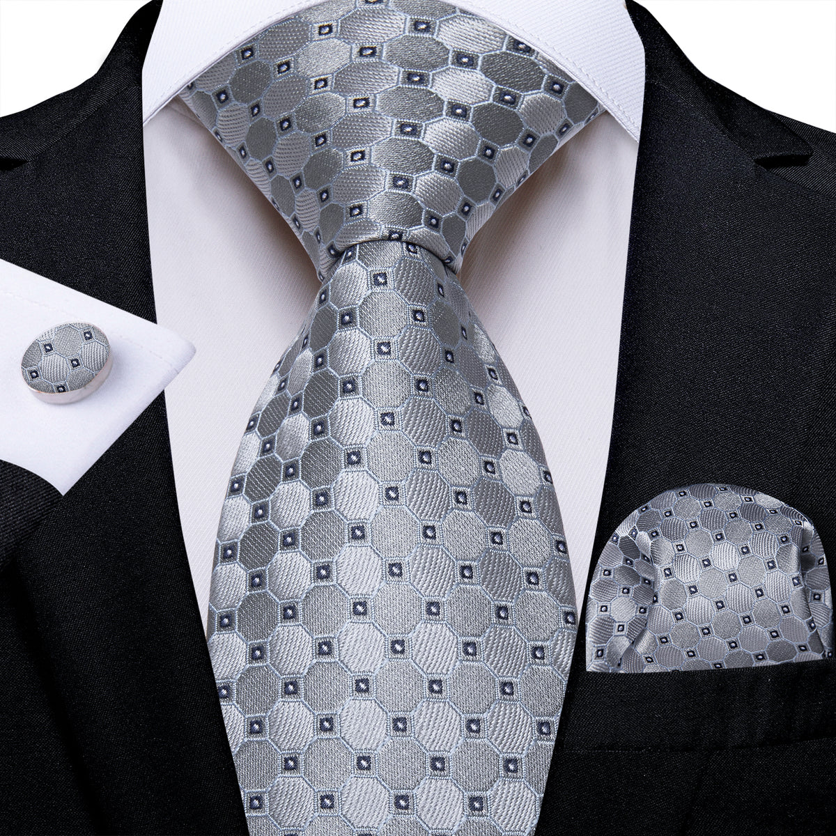 Silver Geometric Tie, Pocket Square, Cufflinks and Tie Clip tie sets    - Sophisticated Gentlemen